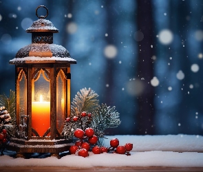 Lampion, Śnieg, Szyszki, Świeca, Zima