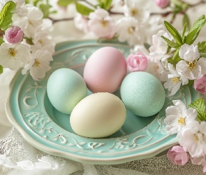 Pisanki, Gałązka, Kwiaty, Talerz, Wielkanoc
