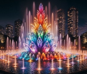 Kolorowe, Światła, Miasto, Grafika, Wieżowce, Fontanna