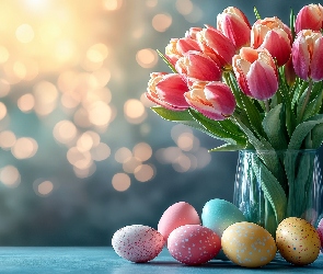 Grafika, Wielkanoc, Bukiet, Tulipany, Kolorowe, Pisanki