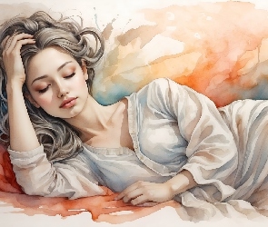 Grafika, Obraz, Łóżko, Dziewczyna, Poduszki, Akwarela