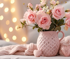 Serca, Szal, Bukiet, Kwiaty, Róże, Dzbanek