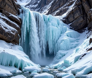 Zima, Rzeka, Oblodzony, Skały, Wodospad, Sople
