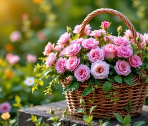 Ogród, Koszyk, Kwiaty, Róże
