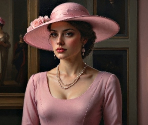 Obrazy, Kolczyki, Różowy, Kobieta, Kapelusz, Naszyjnik