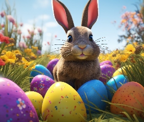 Grafika, Wielkanoc, Kolorowe, Królik, Pisanki, Kwiaty