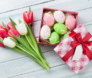 Deski, Pisanki, Kolorowe, Białe, Kolorowe, Bukiet, Tulipany, Pudełko, Kwiaty, Kokardka