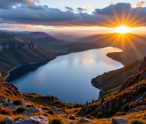 Grafika, Wschód słońca, Jezioro, Góry