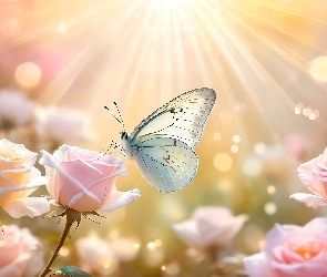 Grafika, Słońce, Różowe, Motyl, Róże, Kwiaty
