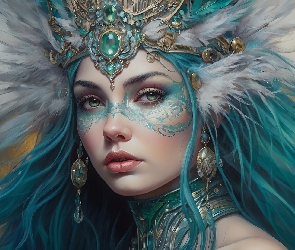 Grafika, Pióra, Turkusowe, Kobieta, Włosy, Biżuteria