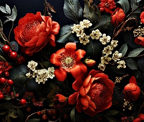 Grafika, Tło, Czerwone, Kwiaty, Białe, Czarne