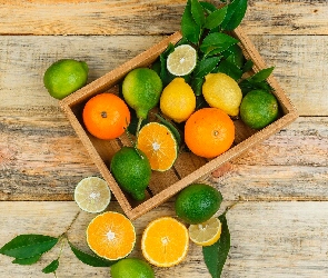 Liście, Owoce, Deski, Skrzynka, Cytrusy