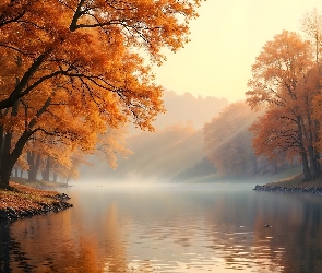 Drzewa, AI, Mgła, Rzeka, Jesień