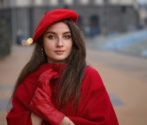 Czerwone, Beret, Czerwony, Rękawiczki, Czerwony, Dziewczyna, Płaszcz