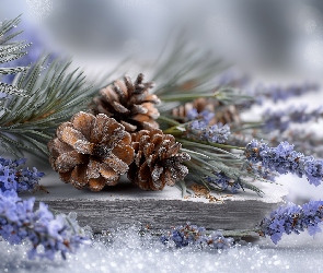 Lawenda, Grafika AI, Sosny, Gałązki, Szyszki