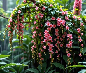 Deszcz, Liście, Różowe, Grafika, Pnącze, Las, Kwiaty