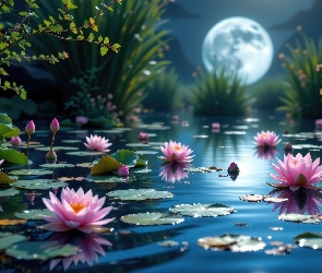 Lilie wodne, AI, Księżyc, Rośliny, Staw