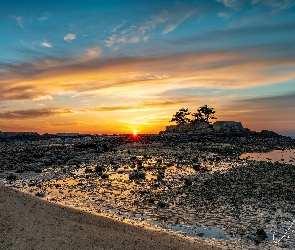 Plaża, Drzewa, Zachód słońca, Skały, Bretania, Morze, Francja, Saint Briac sur Mer