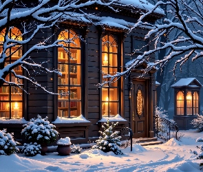 Grafika AI, Drzewa, Biblioteka, Dom, Światło, Zima