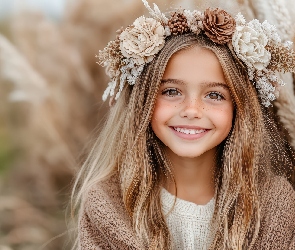 Trawa, Kwiaty, Dziewczynka, Uśmiechnięta, Blondynka, Wianek