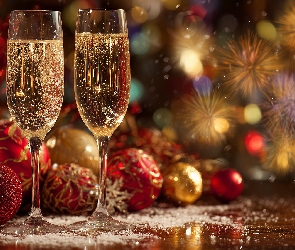 Grafika AI, Sylwester, Szampan, Kieliszki, Bombki, Fajerwerki