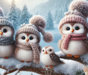 Gałąź, Latarnia, Sowy, Zima, Czapki, Szaliki