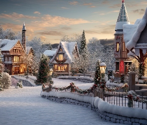 Domy, Zima, Grafika, Dekoracje, Boże Narodzenie