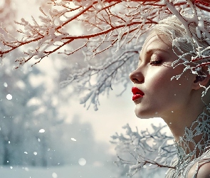Śnieg, Gałązki, Twarz, Kobieta, Zamknięte, Oczy