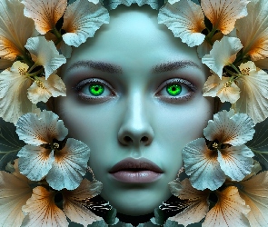Grafika, Kwiaty, Twarz, Kobieta, Oczy, Zielone
