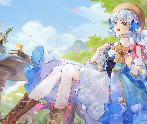 Genshin Impact, Kapelusz, Gra, Kamisato Ayaka, Kwiaty, Postać, Stolik, Kokardy