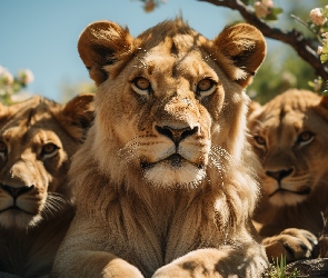 Lwy, Grafika, Kwiaty, Gałęzie, Trzy