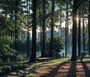 Drzewa, Grafika, Miasto, Ławki, Park