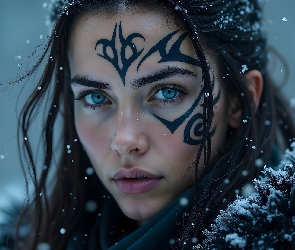 Brunetka, Tatuaż, Oczy, Niebieskie, Kobieta