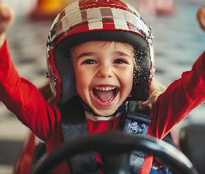 Kierownica, Kask, Radość, Dziecko, Uniesione, Ręce