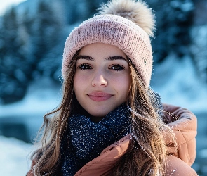 Szal, Kurtka, Kobieta, Długowłosa, Makijaż, Czapka