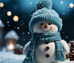 Śnieg, Szalik, Zima, Czapka, Szyszka, Bałwan, Noc, Lampion