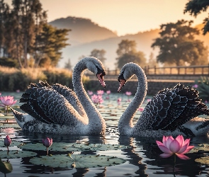Grafika AI, Lilie wodne, Łabędzie, Staw