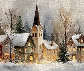 Grafika AI, Zima, Domy, Drzewa