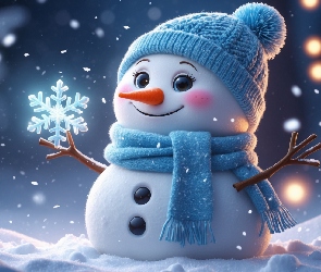 Bałwan, Uśmiech, Zima, Szalik, Śnieg, Czapka, Światełka, Śnieżynka