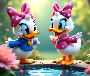 Kaczki, Grafika AI, Kwiaty, Oczko wodne, Dwie