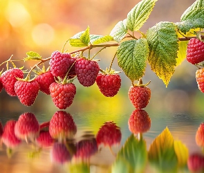 Grafika, Odbicie, Gałązka, Maliny, Liście, Woda