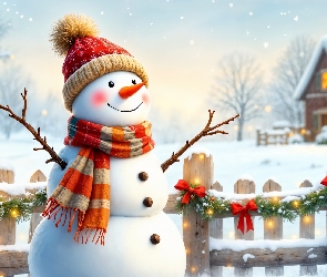 Grafika, Dekoracja, Zima, Bałwan, Dom, Płot