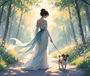 Grafika, Drzewa, Suknia, Kobieta, Pies, Ścieżka