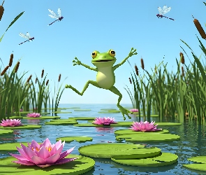 Żaba, Lilie wodne, Tatarak, Jezioro, Wesoła