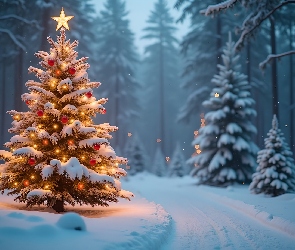 Grafika, Śnieg, Boże Narodzenie, Choinka, Las, Zima