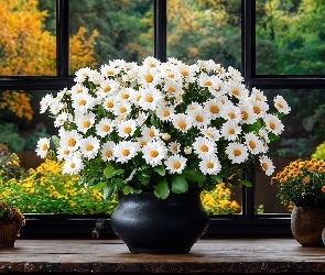 Wazony, Stół, Parapet, Okno, Kwiaty