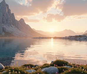 AI, Kwiaty, Góry, Niebo, Rzeka, Kamienie