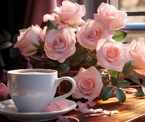Róże, Kawa, Talerzyk, Filiżanka, Bukiet