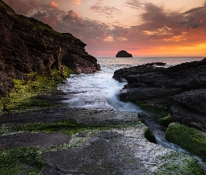 Góry, Zatoka, Morze, Skały, Zachód słońca