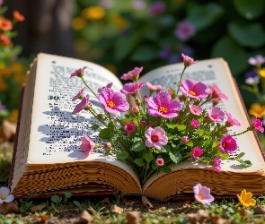 Książka, AI, Kwiaty, Różowe, Otwarta